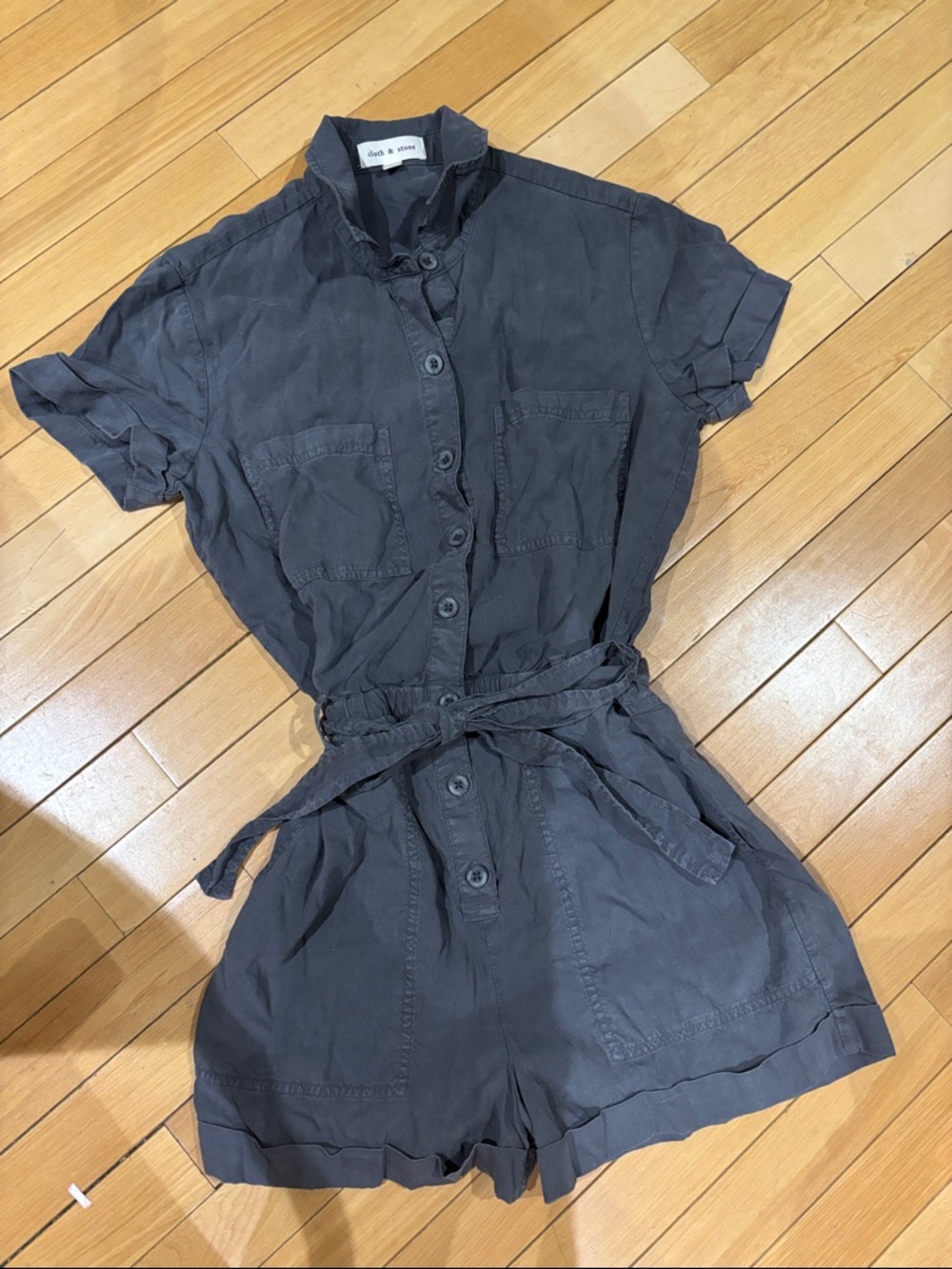 Anthropologie Washed Charcoal Button-Up Short Sleeve Romper